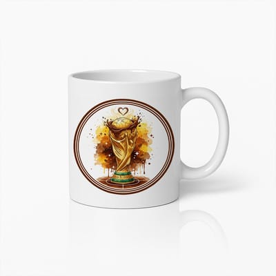 Wereldkampioen Trofee Mok 330ml – Witte Koffiemok met Gouden Voetbalbeker Ontwerp – Perfect Cadeau voor Sportfans