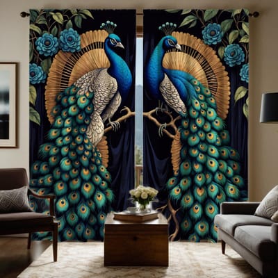 Lot de 2 rideaux paon de bon augure de la série numérique HD bleue pour décoration de la maison, salon, chambre à coucher W52H63inch132H160cm blue