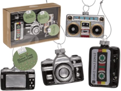Retro glazen kerstdecoratie set – Cassette, Camera & Recorder – Handgemaakt – 3 stuks