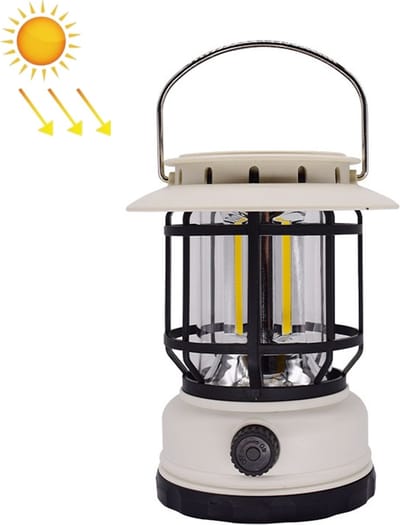 IPEXNL Retro oplaadbare camping lamp met solar en met hanger op voet geeft licht tot 330lm, IP44, brandtijd tot 8h, dimbaar, matt , licht gewicht 249g , instelbare lichtkleur kleur zwart/wit