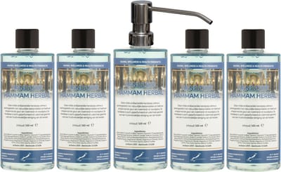 Handzeep Hammam Herbal 500 ml - set van 5 stuks - met gratis RVS zilverkleurige pomp - Voordeelverpakking