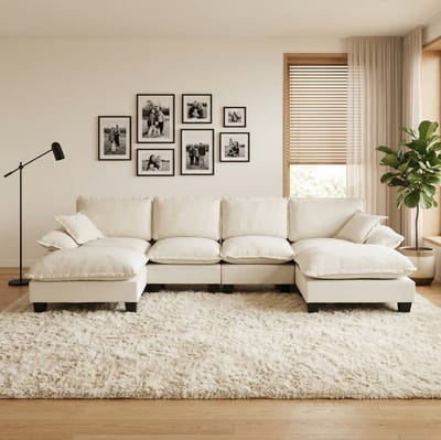 HAUSS SPOLE U-Bank - Modulaire Cloud Bank - Met Verplaatsbare Ottomaan - 6-Zits Voor Woonkamer En Appartement - Chenille Beige