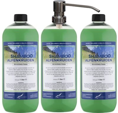 Shampoo Alpenkruiden - 1 liter (transparant) - 3 stuks - met zilveren pomp - Voordeelverpakking - Haarverzorging