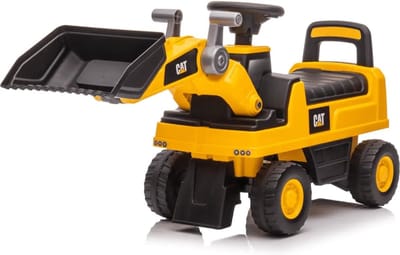 CAT Wiellader Loopauto 1 tot 3 jaar – Officieel Gelicentieerde Loopauto met Werkende Graafarm, Toeter & Opbergvak – Buitenspeelgoed Peuter met Blokstandaard & Cadeaubox – Geel