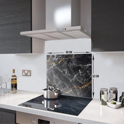 Zwart Marmer Met Bruine Strepen Tempered Glas Spatbescherming Voor Achter de Kookplaat 52cm x 60cm