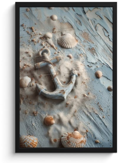 Poster in lijst - Fotolijst 40x60 cm - Posters - Anker - Hout - Schelpen - Zand - Posterlijst zwart - Decoratie - Wanddecoratie woonkamer - Muurdecoratie slaapkamer