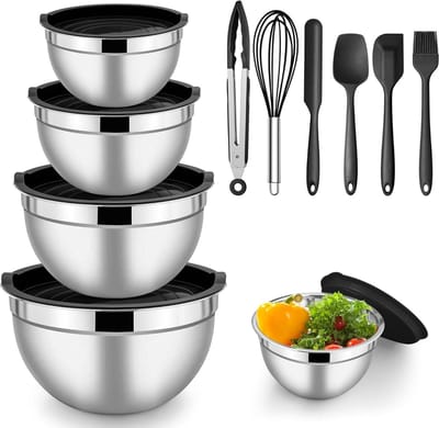Stainless Steel Saladeschalen Set met Deksel, 5-delige Stapelbare Mengkommen voor Keuken en Bakken, Ideaal voor Mixen en Serveren