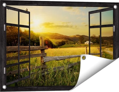 Gards Tuinposter Doorkijk Boerderij Hekken op het Grasveld - 60x40 cm - Tuindoek - Tuindecoratie - Wanddecoratie buiten - Tuinschilderij