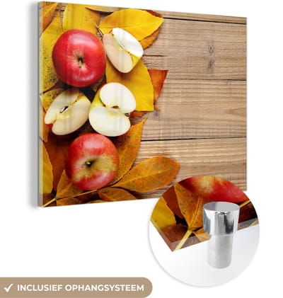 MuchoWow® Glasschilderij 120x90 cm - Schilderij acrylglas - Appel - Bladeren - Herfst - Fruit - Foto op glas - Schilderijen
