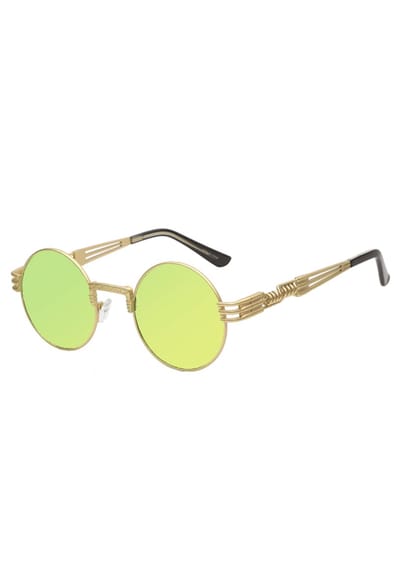 KIMU® Ronde Zonnebril Steampunk Heren - Goud Montuur Rond - Limegroene Spiegelglazen - Gele Vintage Retro Hippie Lime Geel Groen Hipster Brilletje Festival