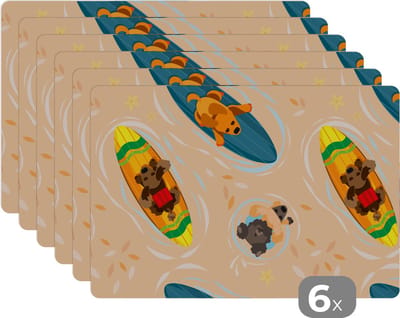Placemat - Placemats kunststof - Honden - Surfen - Patroon - 45x30 cm - 6 stuks - Hittebestendig - Anti-Slip - Onderlegger - Afneembaar