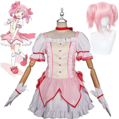 Anime Magical Girl Kaname Madoka Costume Cosplay Kawaii Lolita Fête Halloween Robe Rose Perruque Idol Puella Magi Madoka Tenues L