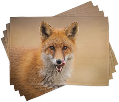 ABAKUHAUS Vos-onderzetters, hongerige jonge coyote op een onscherpe opname, digitaal bedrukt op wasbare stof, tafeldecoratie voor de eetkamer, gember-zand-bruin