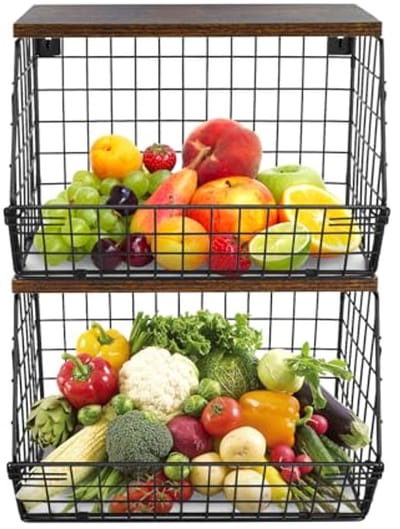 Fruitmand voor aan de muur - Stapelbaar met Houten Deksel voor Fruit, Groenten en Toilettas