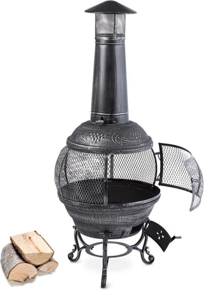 Blumfeldt Terrasverwarmer Flavius Tuinkachel Terrashaard Gietijzer 140 cm - Buitenhaard Tuinhaard Vuurkorf - voor Terras voor Tuin - Zilverkleurig Staal Decoratief - Met Vonkenscherm - Patio Heater - Buitenverwarmer