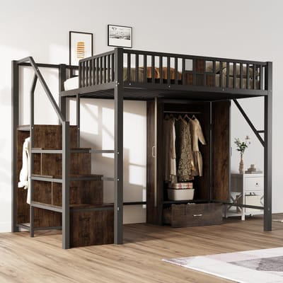 PHOEBE CAT Hoogslaper - 140 × 200 cm - Metalen kinderbed - Met kledingkast - Lades - Opbergladder - Zwart + Bruin
