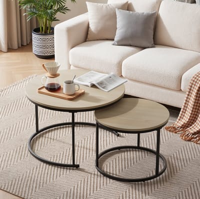 MIVRAY Salontafelset - Ronde Inschuifbare Tafels Voor Woonkamer En Balkon - Eikenlook En Zwart Metaal - 70 Cm En 50 Cm