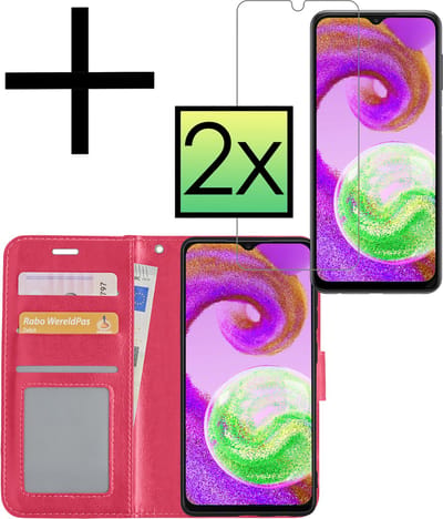 Hoesje - Met 2x Screenprotector - Geschikt voor Samsung Galaxy A04s - Luxe Pasjeshouder - Bookcase Portemonee - Flip Case - Kunstleer Book Case - Flipcase Hoes - Book Cover - Walletcase - Portemonneehoes - Donkerroze