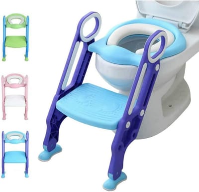 Hoogteverstelbare Kinder-Toiletbril – Opvouwbaar met Antislip Treden – Gevoerd Zitvlak – Blauw + Paars