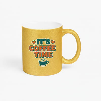 Gouden Glitter Mok 'It's Coffee Time' - Unieke Koffiemok met Spreuk en Hartjes - Cadeau voor Koffieliefhebbers