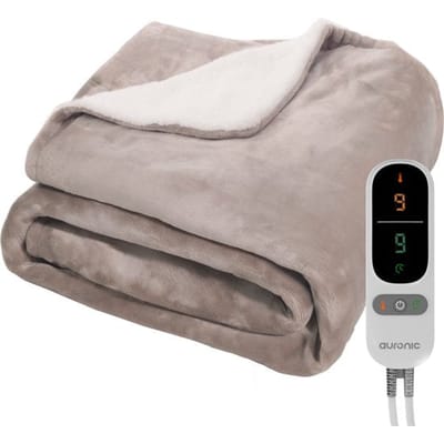 Auronic Elektrische Deken - 180 x 130 cm - 1 Persoons Warmtedeken - 9 Warmte en Timerstanden - Verwarmingsdeken - Sherpa Fleece - Taupe