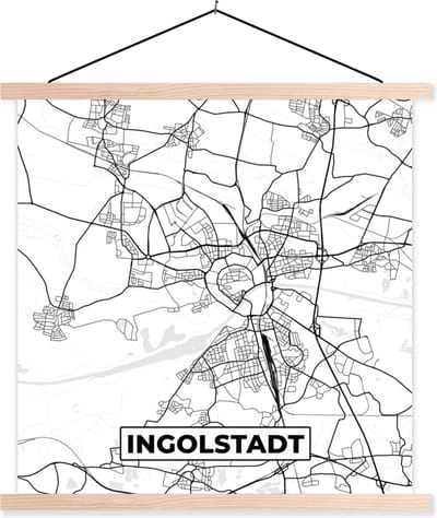 Posterhanger incl. Poster 40x40 cm - Schoolplaat - Plattegrond - Ingolstadt - Kaart - Stadskaart - Textielposter - Blanke latten - Stadskaart