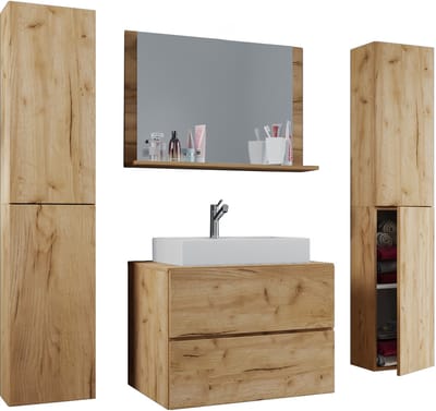 VCM 5-tlg. Waschplatz Waschtisch | Waschbecken Unterschrank Breite 80 cm | Badmöbel Set mit Schubladen Drehtüren Spiegel | Lendas XL
