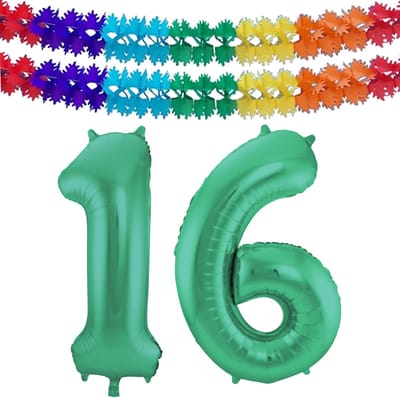 Folat Verjaardag Leeftijd folieballon - 16 jaar - groen - 86 cm - cijferballon groot - incl 2x feestslingers