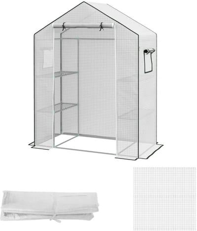 Kasfolie met Roldeur en Ramen - Vervangingsfolie - UV-bestendig - Tuinkas - Tuinfolie - Tunnelfolie - Foliekas - Broeikas - Tomatenkas - Groentekas - Plantenkas - voor Groenten, Bloemen, Planten - 140 x 73 x 190 cm - Wit