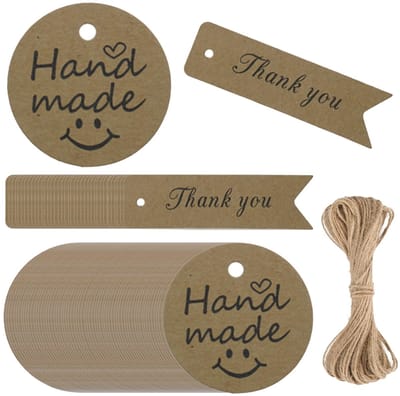Cosensi- Etiketten 100 stuks - Kraftpapier - Cadeaulabels - Jute koord 5 m - Gastgeschenken - Kunsthandwerk - Uniek design - Cadeaukaartjes