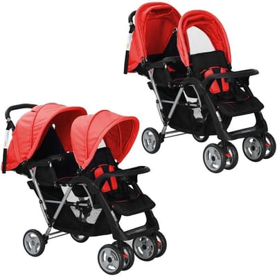 Dubbele Kinderwagen Stalen Frame Rood en Zwart voor Twee Kinderen