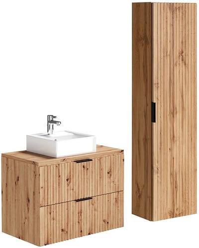 Vente-unique Geribbeld hangmeubelvoor badkamer met opzetwastafel - Licht naturel - 80 cm - ZEVARA