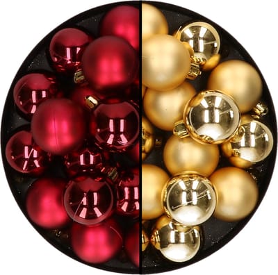 Decoris Kleine kerstballen - 32x st - goud en donkerrood - D4 cm - plastic - kerstversiering