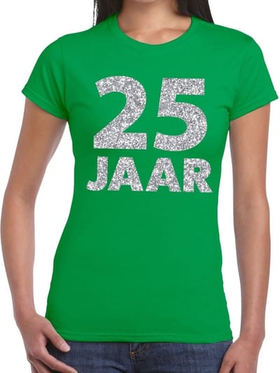 25 jaar zilver glitter verjaardag t-shirt groen dames - verjaardag / jubileum shirts XS