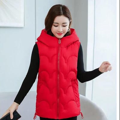 Automne hiver sans manches mode veste rembourrée lâche décontracté coupe ajustée chaud court grande taille gilet à capuche gilet gilet épais veste rembourrée femmes vêtements d'extérieur L red