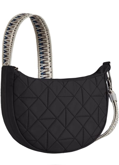 Travelon Boho Anti-Diefstal Crescent Crossbody Tas - Halve Maan Schoudertas met RFID & Geweven Gitaarband - 3L - Zwart