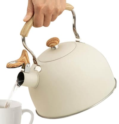 Waterkoker - Fluitketel 2.5L - Houtlook Anti-Heet Handvat - Fluitend bij Kookpunt - wit Pieper - Geschikt voor Gas & Inductie