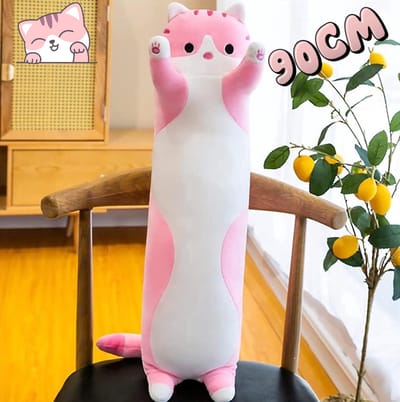Klikkopers® - Kawaii Kussen - Lange Kat Knuffel - 90cm - Kawaii Knuffel - Roze - Body Pillow - lichaamskussen - Zwangerschapskussen