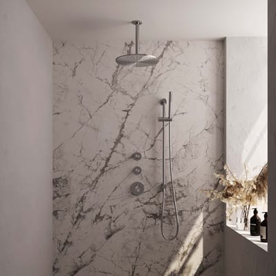 Brauer Brushed Edition thermostatische inbouw regendouche SET 18 met 30 cm douchekop en plafondarm en staaf handdouche en doucheslang en geïntegreerde glijstang RVS geborsteld PVD