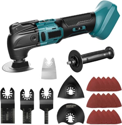multifunctioneel gereedschap, compatibel met Makita 18V-accu, draadloze oscillerende multitool met borstelloze motor, 6 zaagbladen en 15 vellen schuurpapier, voor schrapen, zagen, schuren