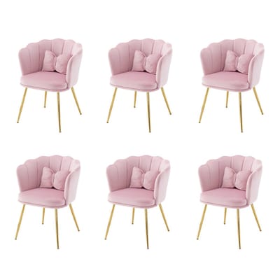 YEHTOKHOME Velvet Eetkamerstoelen set van 6 met armleuning, Bureaustoel, Make-upstoel, Ergonomisch, Fauteuil, Fluwelen stoel met bloemblad-rugleuning, Vergulde metalen poten, Vlinderkussens, Roze