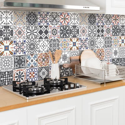 Zelfklevende muurstickers in tegelpatroon voor keuken en badkamer - 24 cementtegelstickers, Azulejos bloemendesign - 24 stickers, 10x10cm