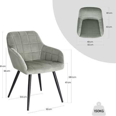 Eetkamerstoel set van 4 Novihome VelvetComfort – Luxe gestoffeerde keukenstoelen met armleuningen en metalen frame – Comfortabel, modern en stabiel – Grijs fluweel, ergonomisch design