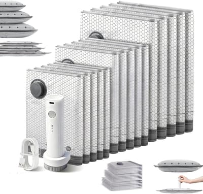 Draadloze reizen vacuüm opslag compressie zak set, 15-pack in 3 maten met USB oplaadbare handpomp, herbruikbare waterdichte ruimtebesparende zakken voor kleding, verpakking en thuis (9 (3S+3M+3L))