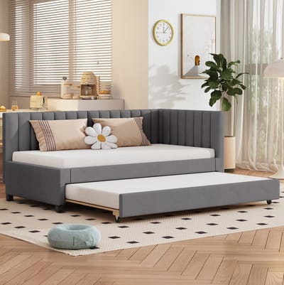 Gestoffeerd bed van 90*200 cm, uitschuifbare slaapbank, multifunctioneel lattenbodembed, tienerbed, kinderbed, logeerbed, grijze fluwelen stof