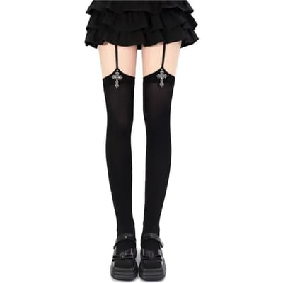 Chaussettes Bas Cuisses Fille Décoration Croix Personnalité Couleur Unie Fines Lolita Anime Cosplay Gothique Over Knee One Size beige