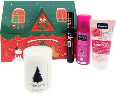 Vogue Kerst Cadeauset – 4-delig – Deo + Kneipp Handcrème + Maybelline Mascara + Kerstkaars – Cadeau voor haar