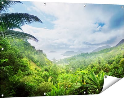 Gards Tuinposter Jungle Uitzicht op de Seychellen - 120x80 cm - Tuindoek - Tuindecoratie - Wanddecoratie buiten - Tuinschilderij