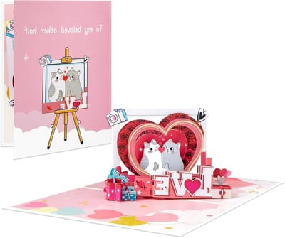 Pop-up Wenskaart - 3D Kaart Valentijnskaart - Liefde Uiten - Dubbel Katten Design - A5 Formaat - Meerkleurig