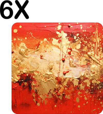 Luxe Placemat - Goud met Rode Abstracte Kunst - Set van 6 Placemats - 50x50 cm - 2 mm dik Vinyl - Anti Slip - Afneembaar